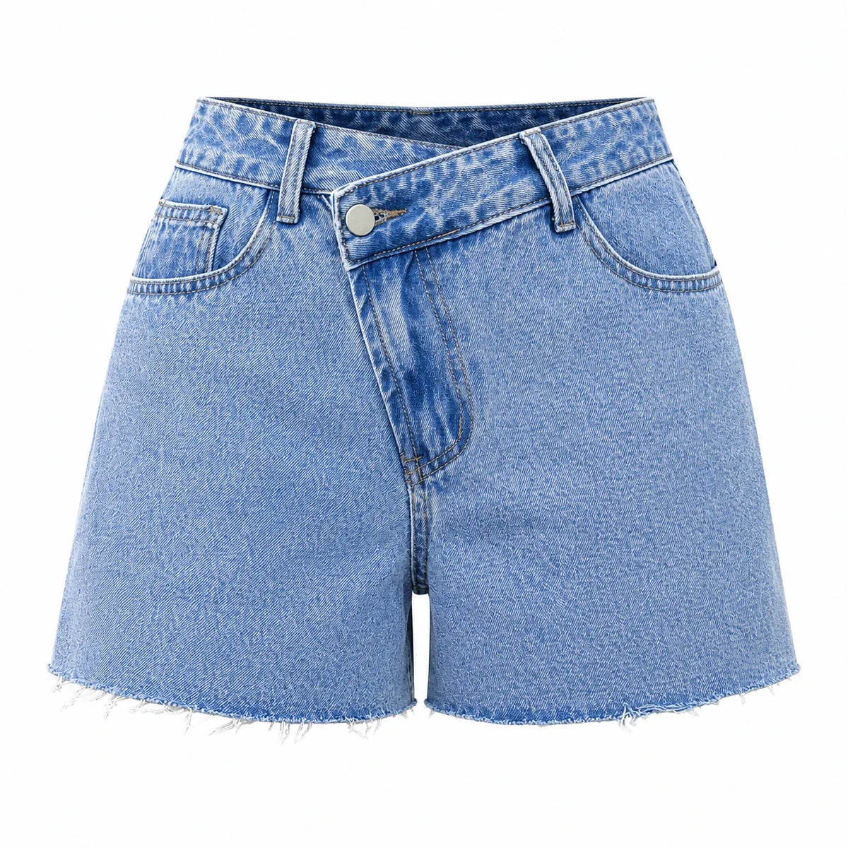 Asymmetric Waist Raw Hem Denim Shorts WHD0607048