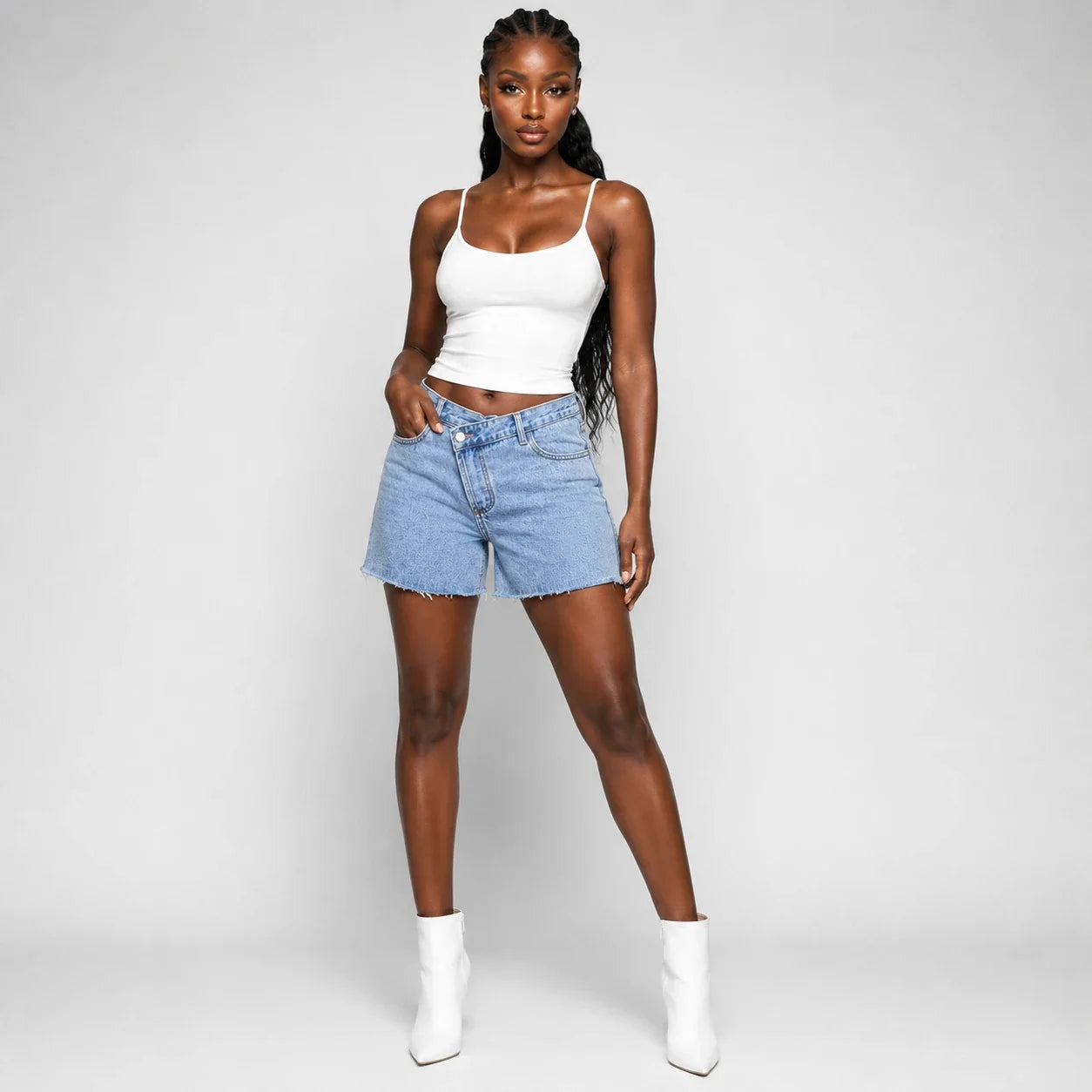 Asymmetric Waist Raw Hem Denim Shorts WHD0607048