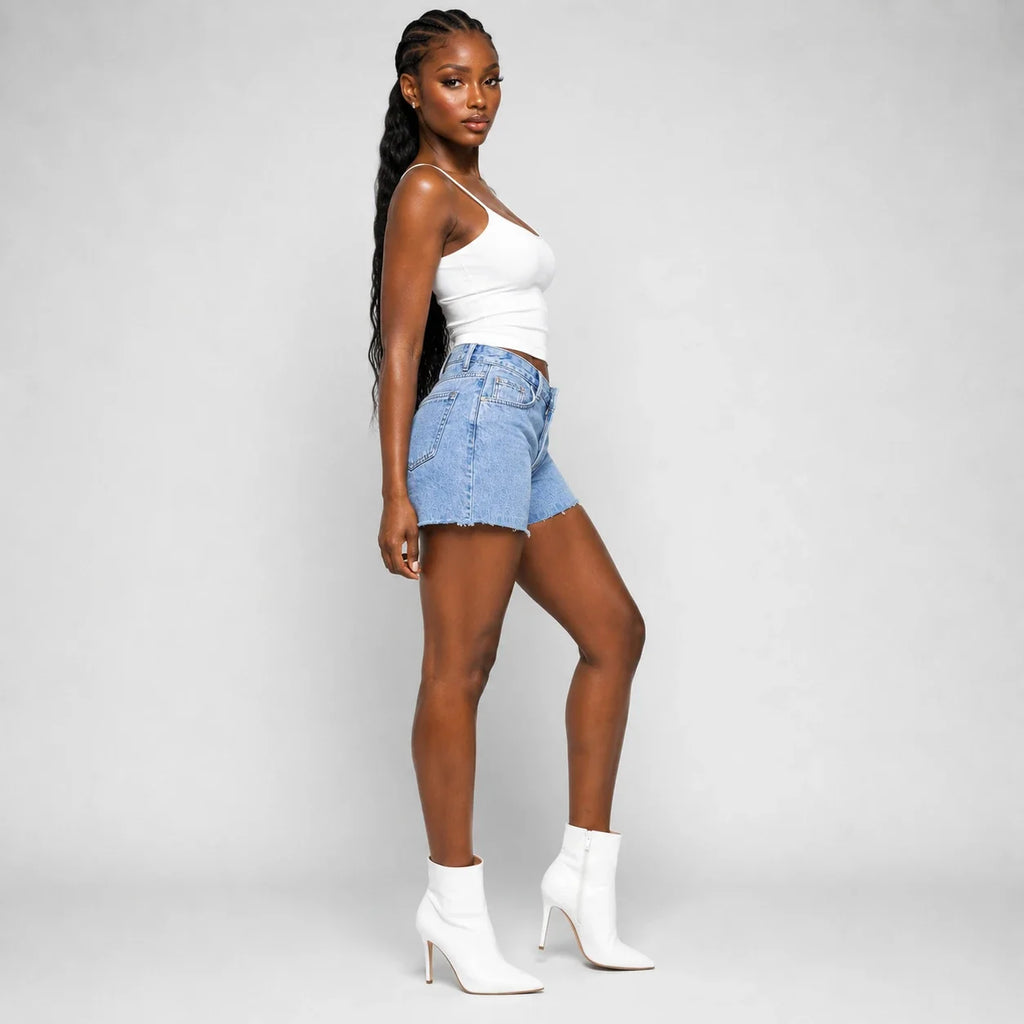 Asymmetric Waist Raw Hem Denim Shorts WHD0607048