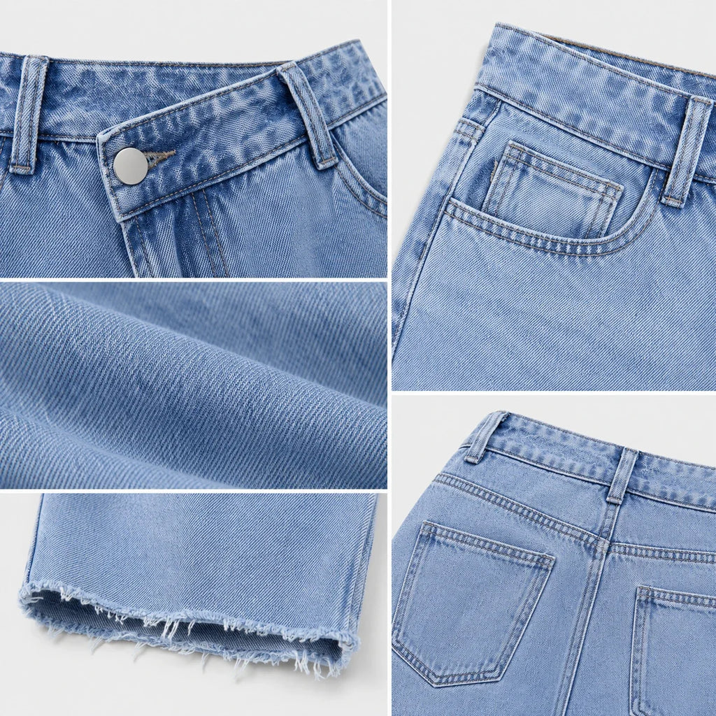 Asymmetric Waist Raw Hem Denim Shorts WHD0607048