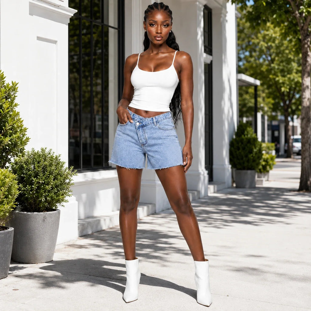 Asymmetric Waist Raw Hem Denim Shorts WHD0607048