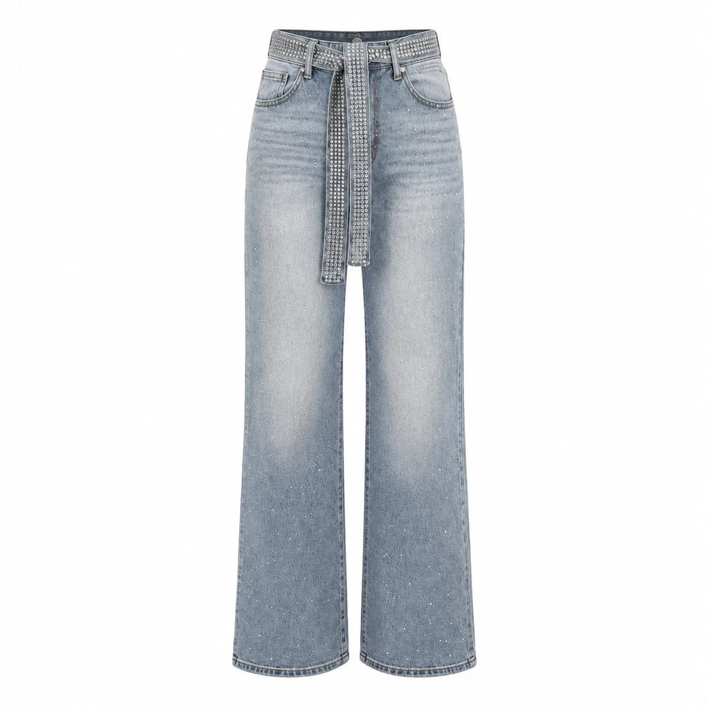 Rhinestone Belted Wide Leg Jeans WHD0607049