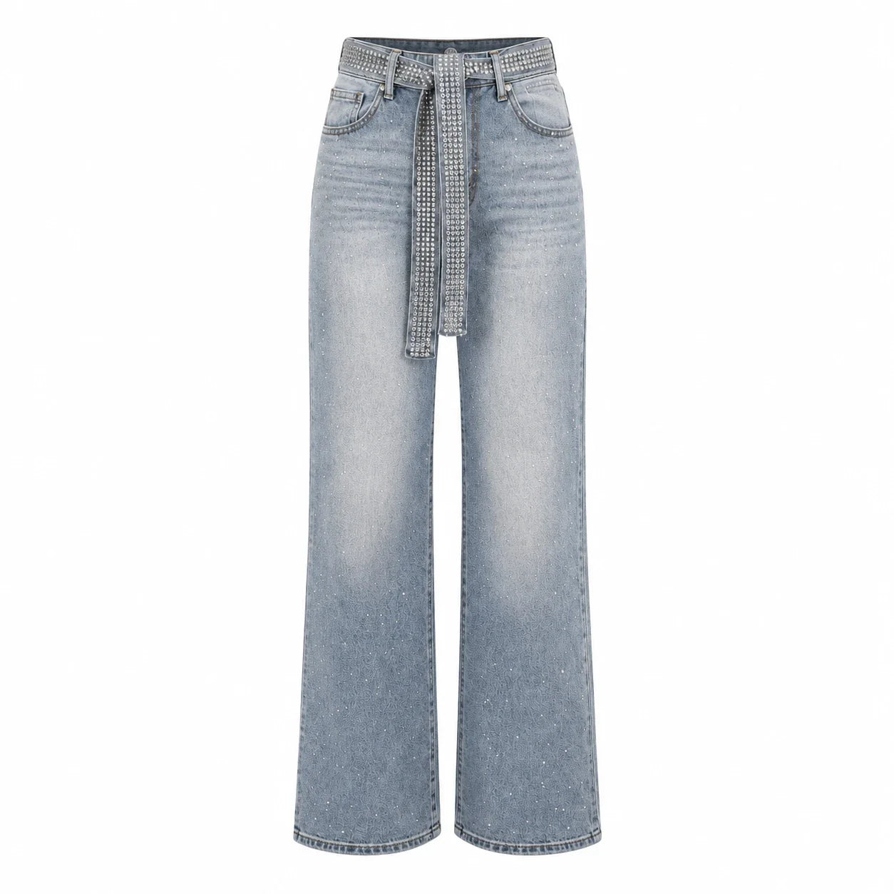 Rhinestone Belted Wide Leg Jeans WHD0607049