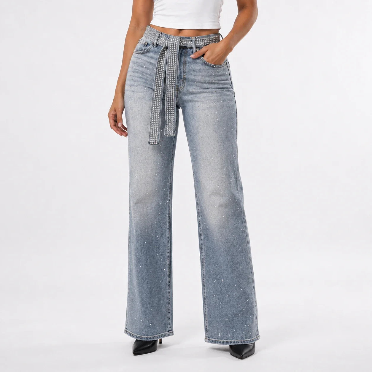 Rhinestone Belted Wide Leg Jeans WHD0607049