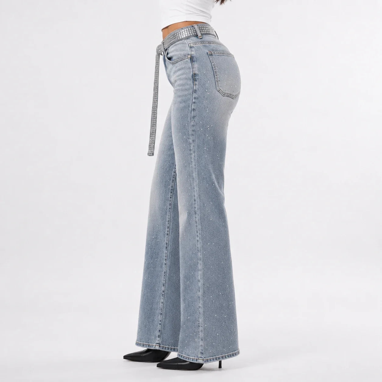 Rhinestone Belted Wide Leg Jeans WHD0607049