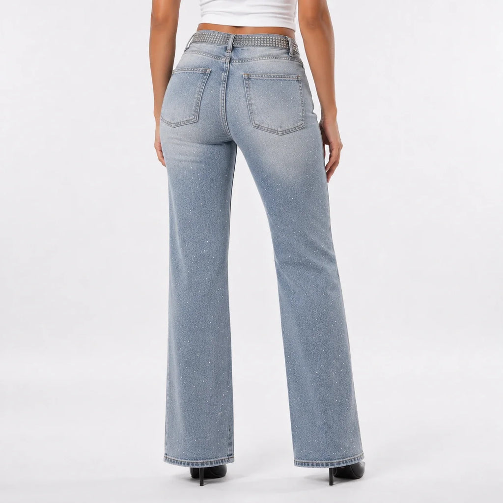 Rhinestone Belted Wide Leg Jeans WHD0607049