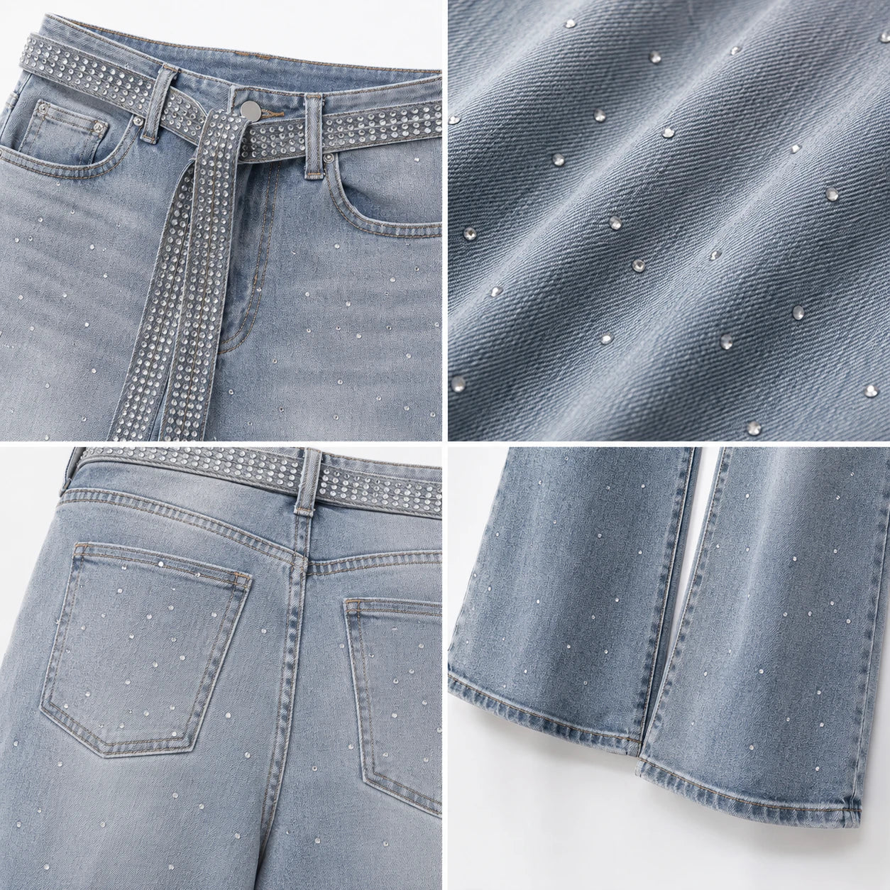 Rhinestone Belted Wide Leg Jeans WHD0607049