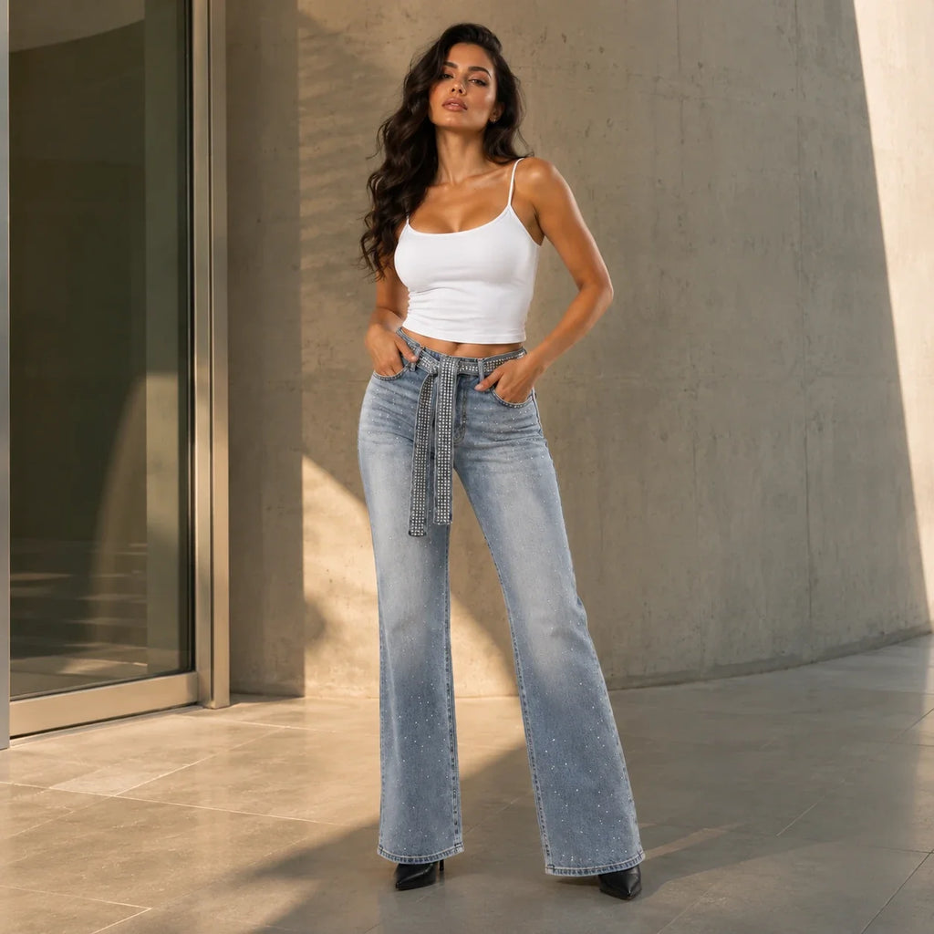 Rhinestone Belted Wide Leg Jeans WHD0607049