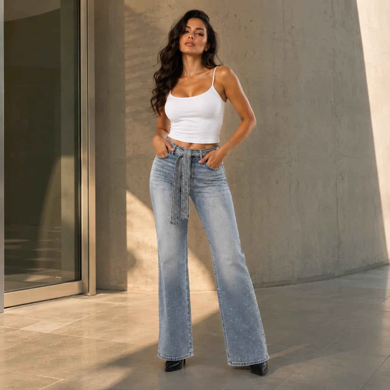 Rhinestone Belted Wide Leg Jeans WHD0607049