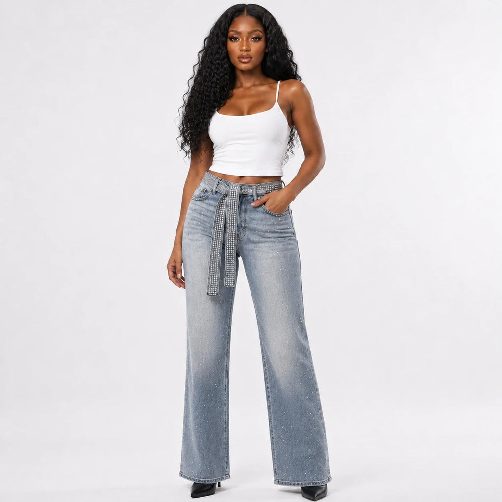 Rhinestone Belted Wide Leg Jeans WHD0607049