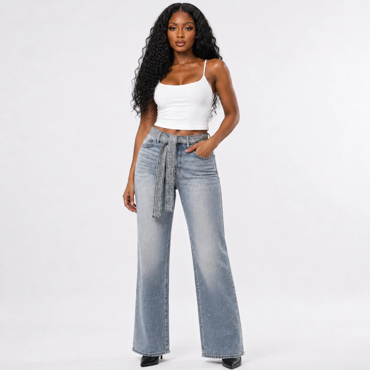 Rhinestone Belted Wide Leg Jeans WHD0607049