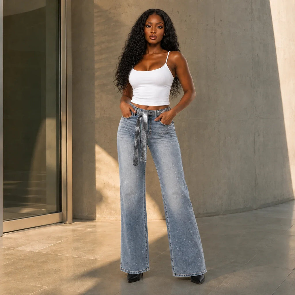 Rhinestone Belted Wide Leg Jeans WHD0607049