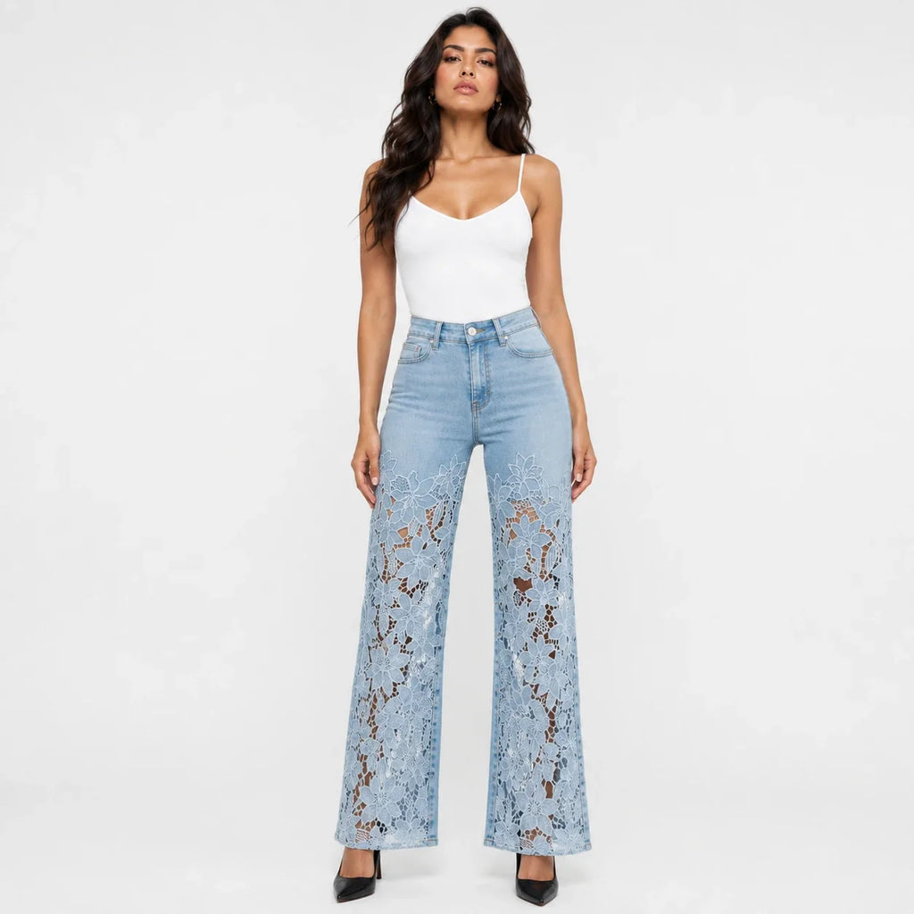 High Rise Floral Lace Wide Leg Jeans WHD0607050