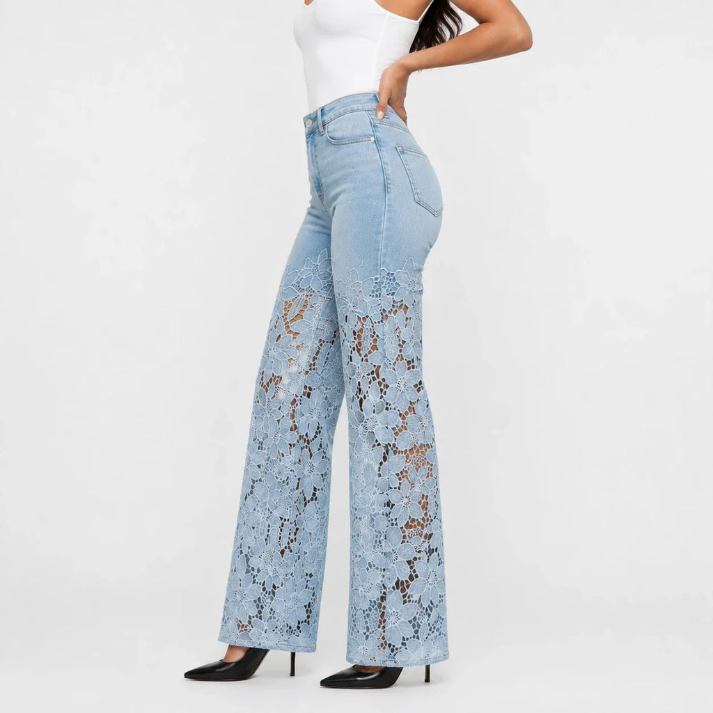 High Rise Floral Lace Wide Leg Jeans WHD0607050