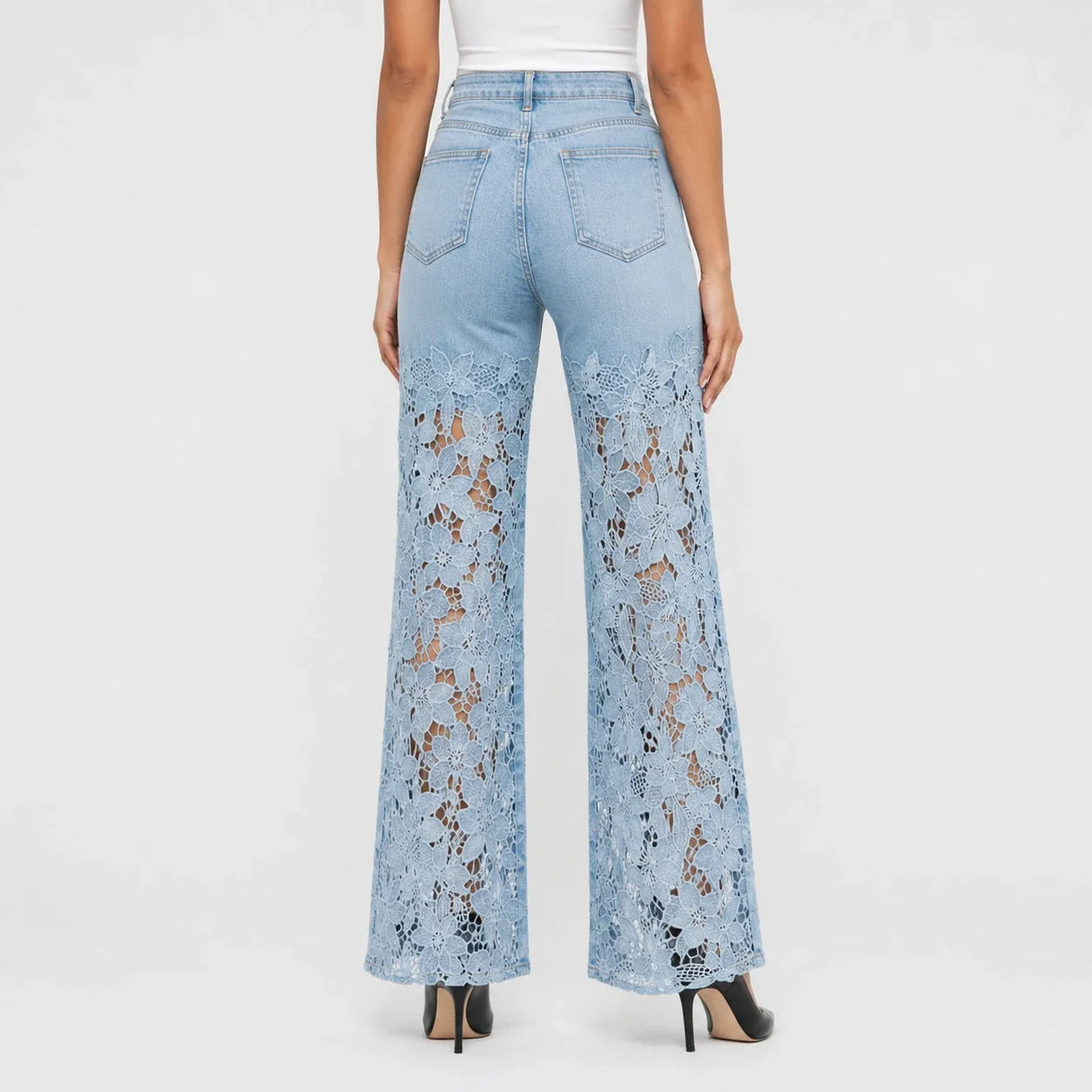 High Rise Floral Lace Wide Leg Jeans WHD0607050