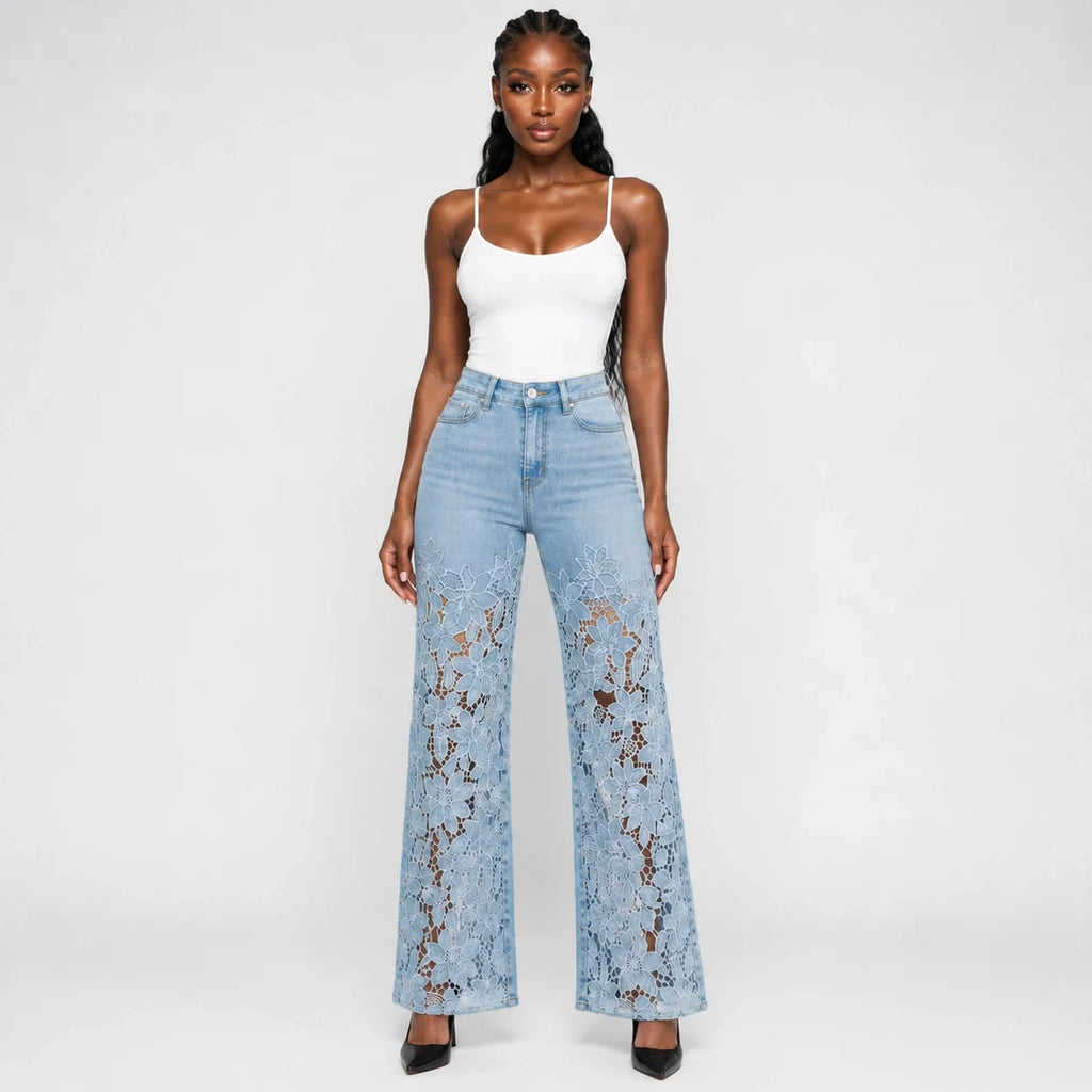 High Rise Floral Lace Wide Leg Jeans WHD0607050