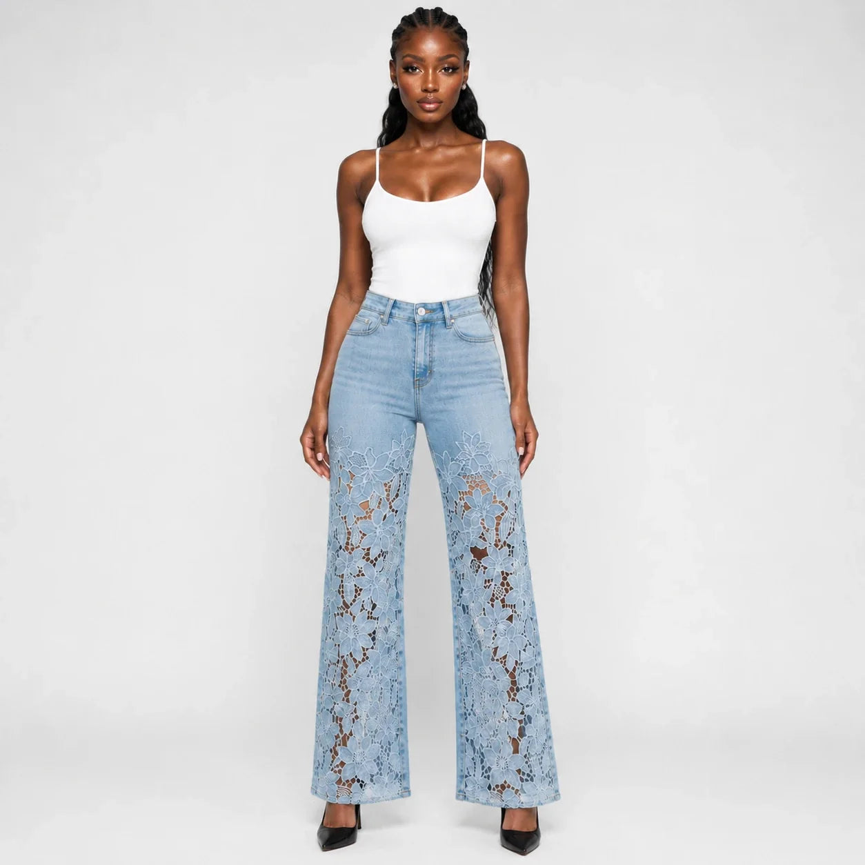 High Rise Floral Lace Wide Leg Jeans WHD0607050