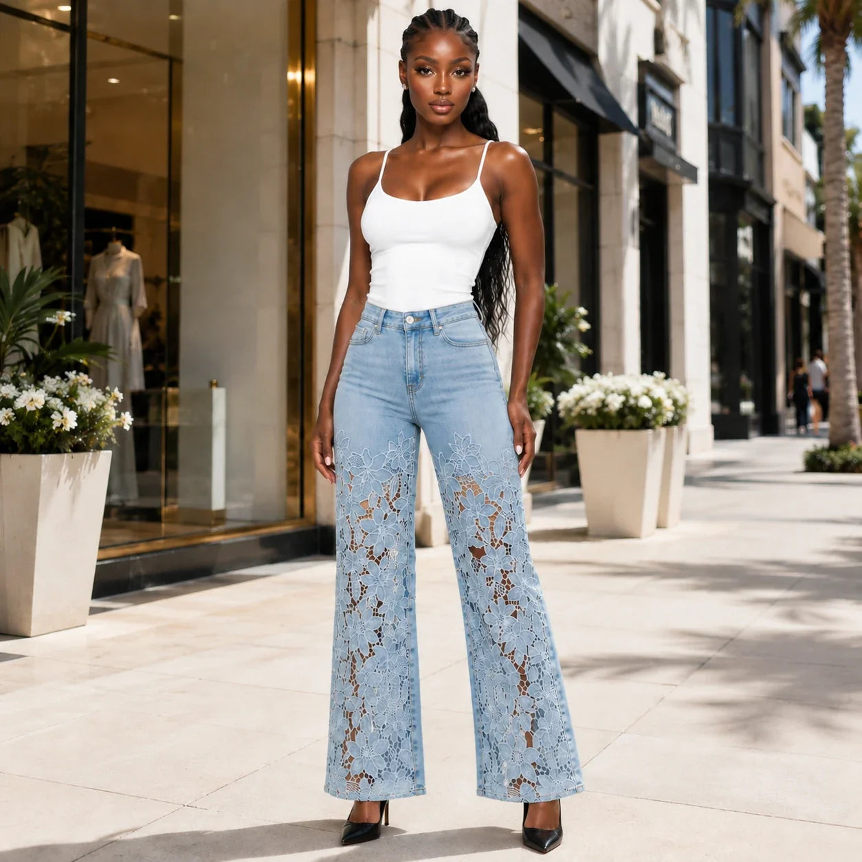 High Rise Floral Lace Wide Leg Jeans WHD0607050
