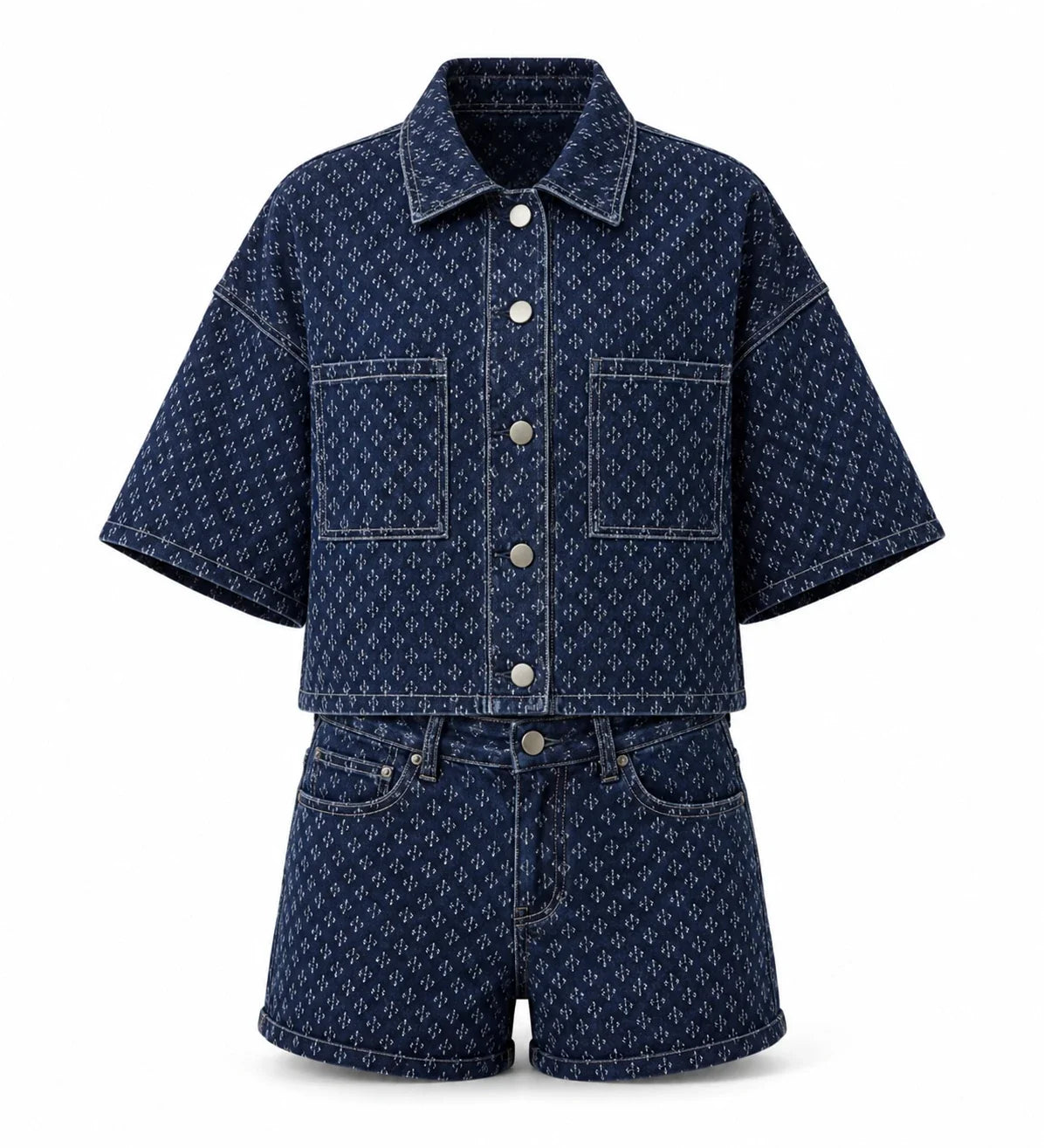 Micro-Print Denim Shirt and Shorts Set WHD0607071