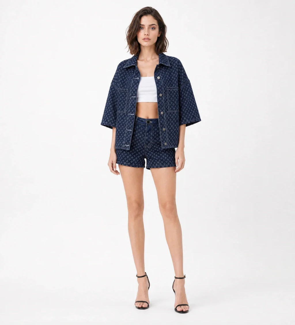 Micro-Print Denim Shirt and Shorts Set WHD0607071