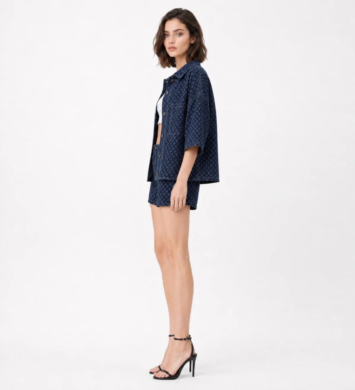 Micro-Print Denim Shirt and Shorts Set WHD0607071