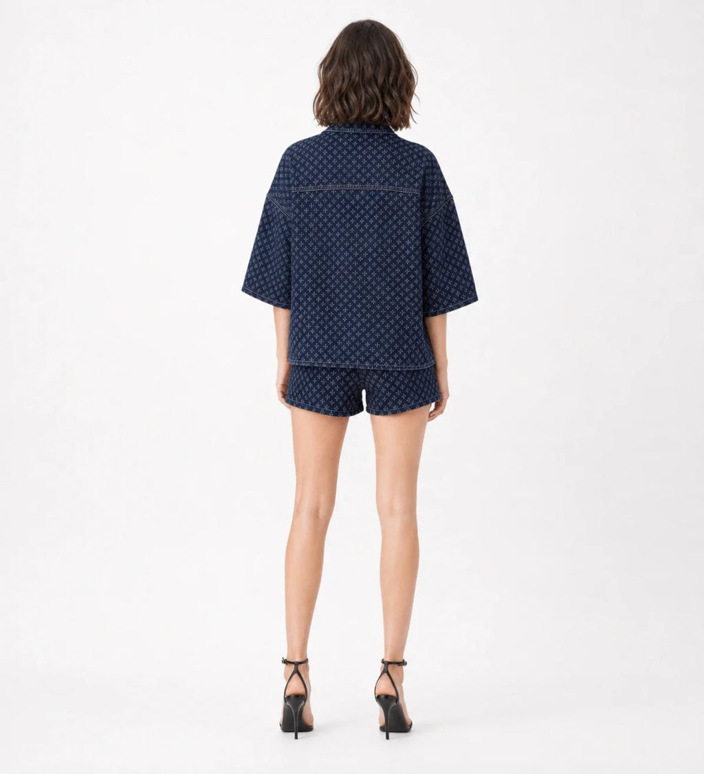 Micro-Print Denim Shirt and Shorts Set WHD0607071