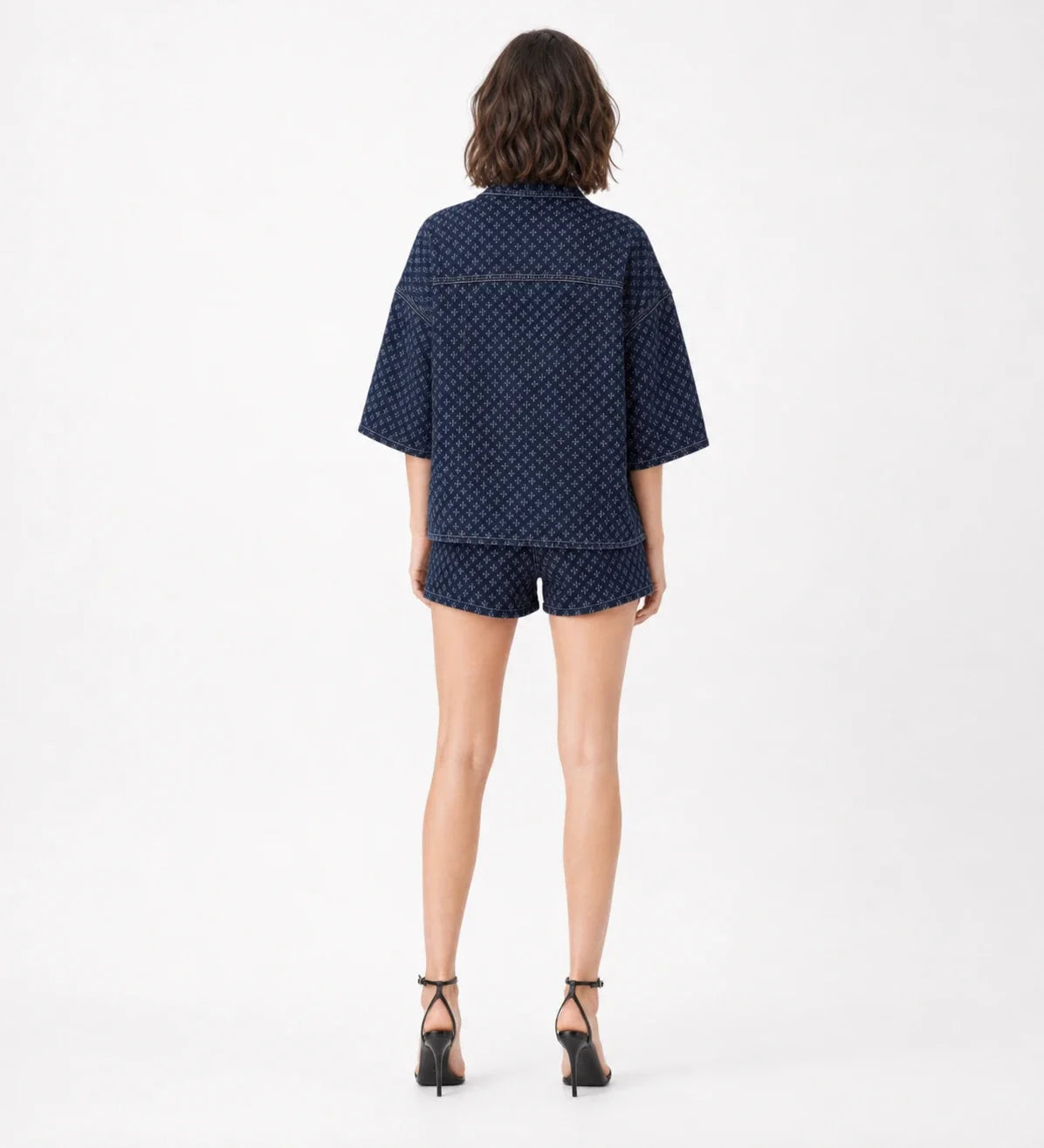 Micro-Print Denim Shirt and Shorts Set WHD0607071