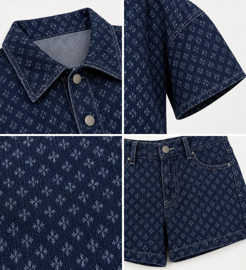 Micro-Print Denim Shirt and Shorts Set WHD0607071