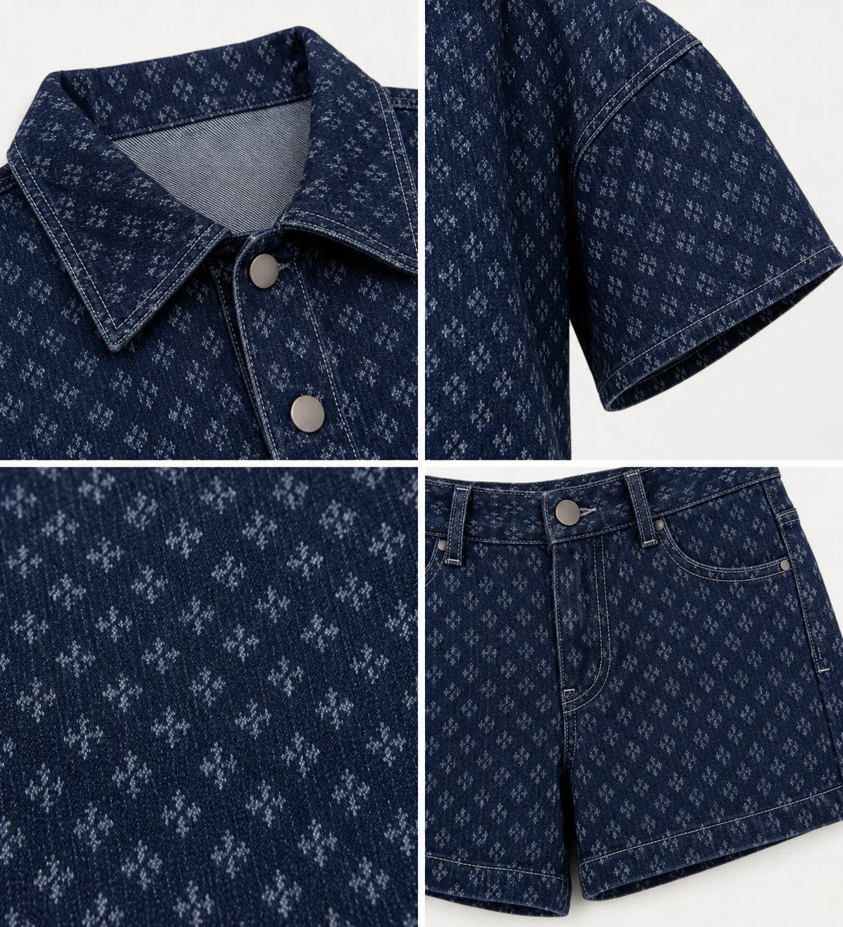 Micro-Print Denim Shirt and Shorts Set WHD0607071