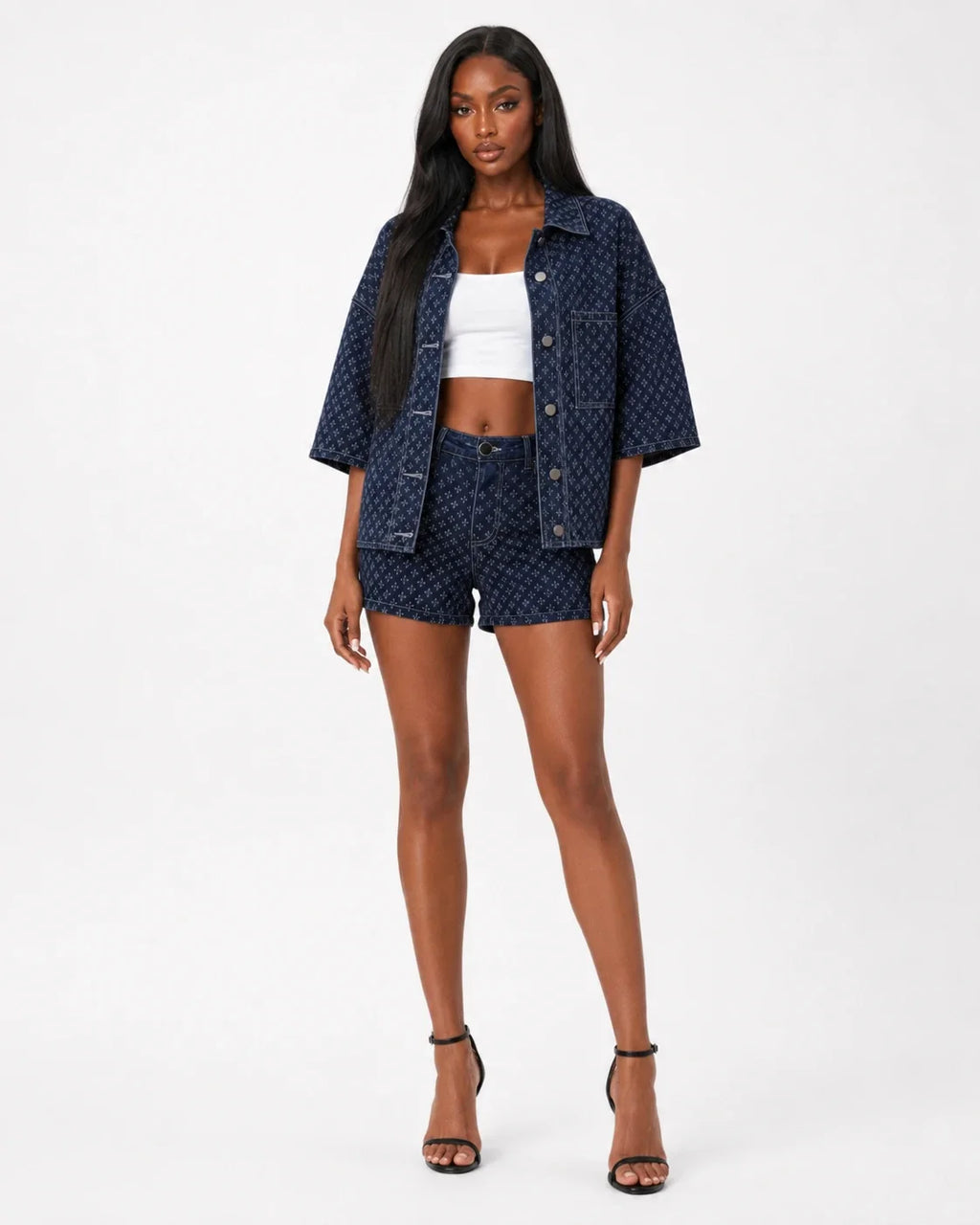 Micro-Print Denim Shirt and Shorts Set WHD0607071