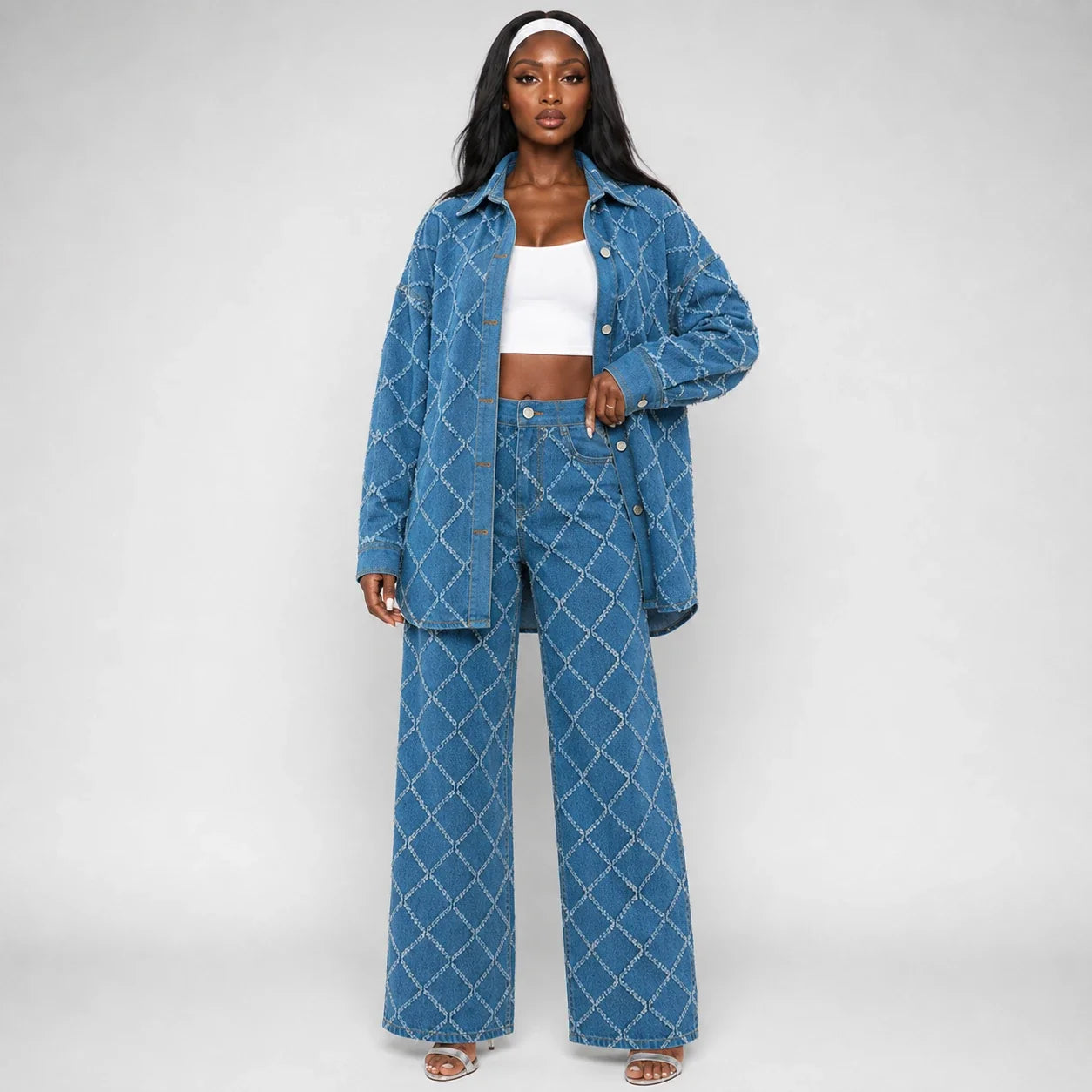 Frayed Diamond Denim Two-Piece Set WHD0607073