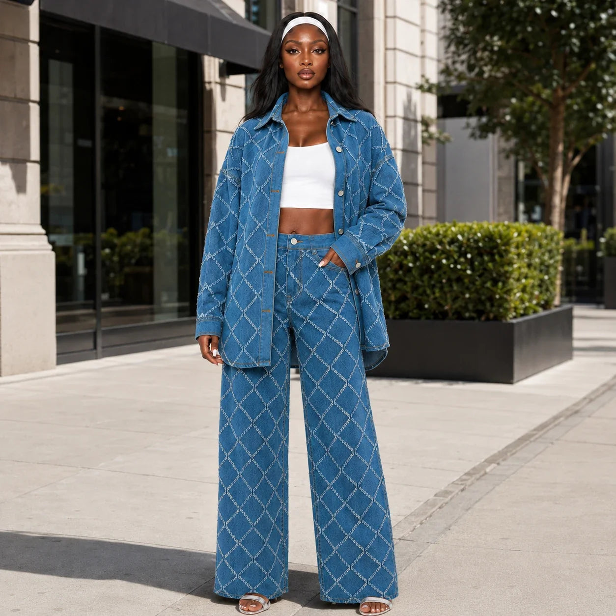 Frayed Diamond Denim Two-Piece Set WHD0607073