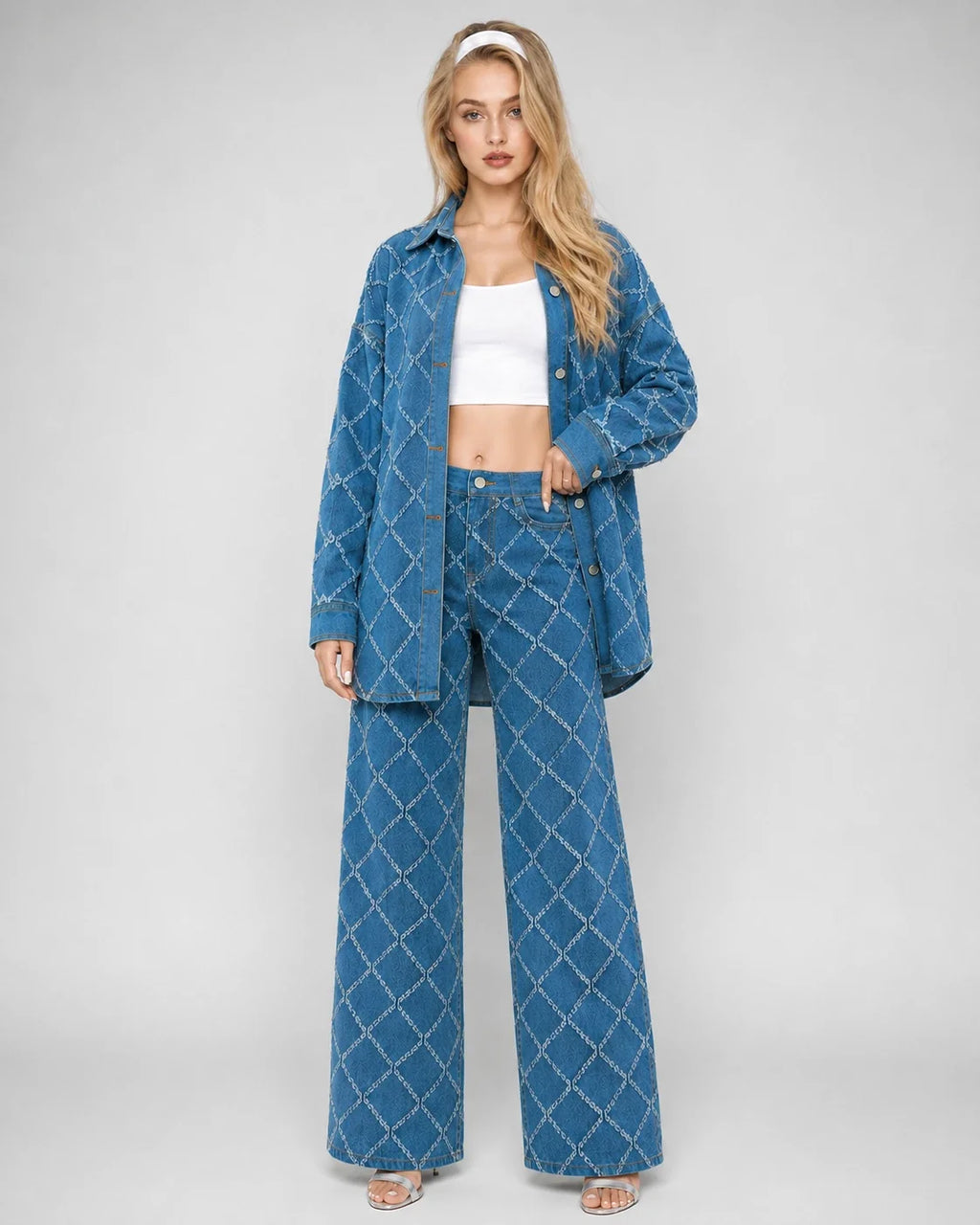 Frayed Diamond Denim Two-Piece Set WHD0607073