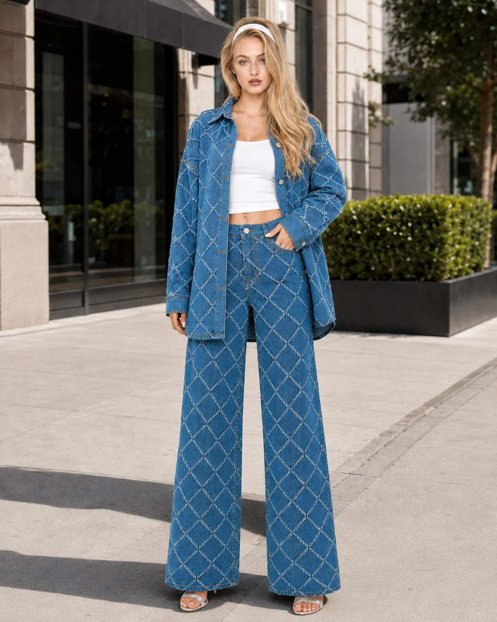 Frayed Diamond Denim Two-Piece Set WHD0607073