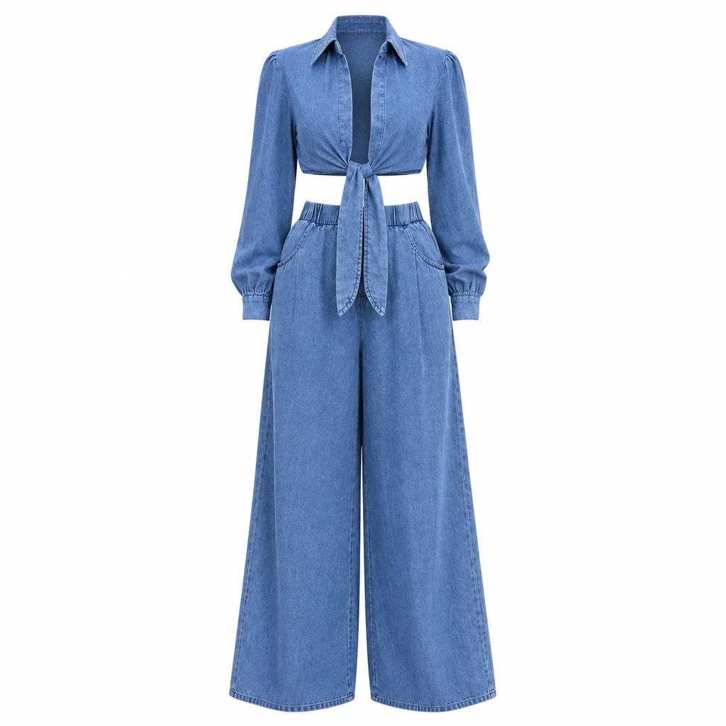 Tie-Front Denim Wide Leg Set WHD0607074