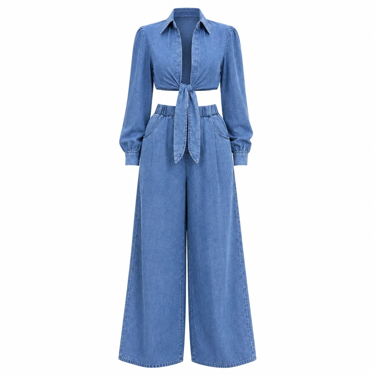 Tie-Front Denim Wide Leg Set WHD0607074