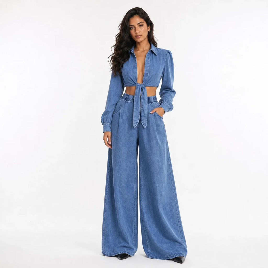 Tie-Front Denim Wide Leg Set WHD0607074