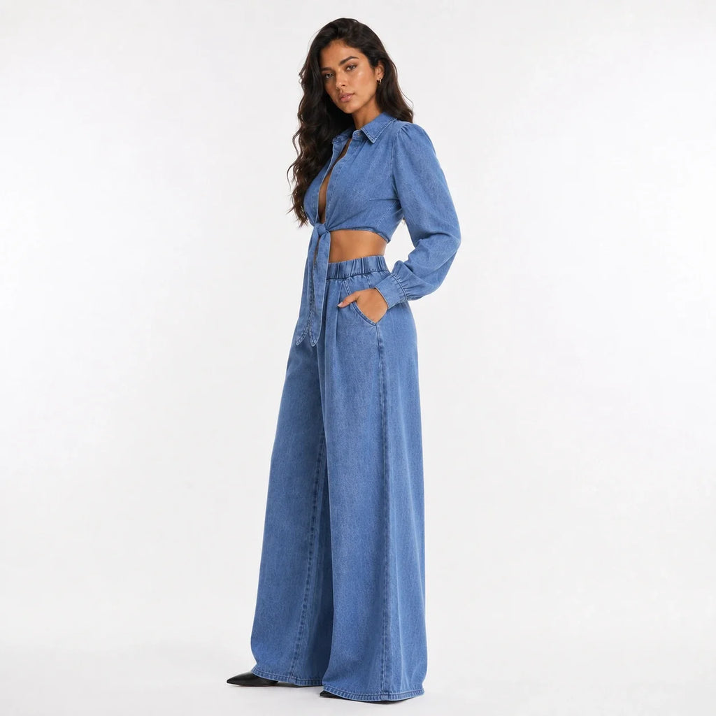 Tie-Front Denim Wide Leg Set WHD0607074