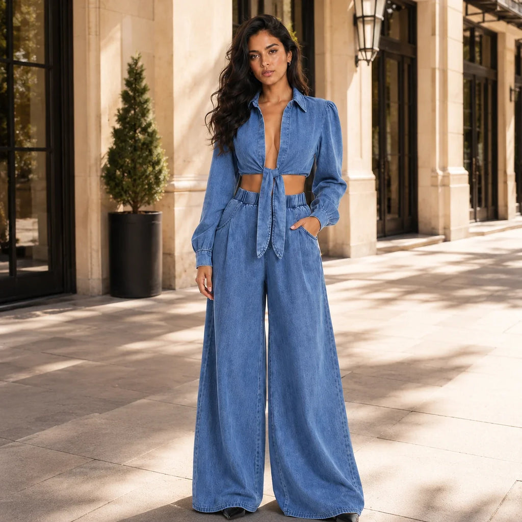Tie-Front Denim Wide Leg Set WHD0607074