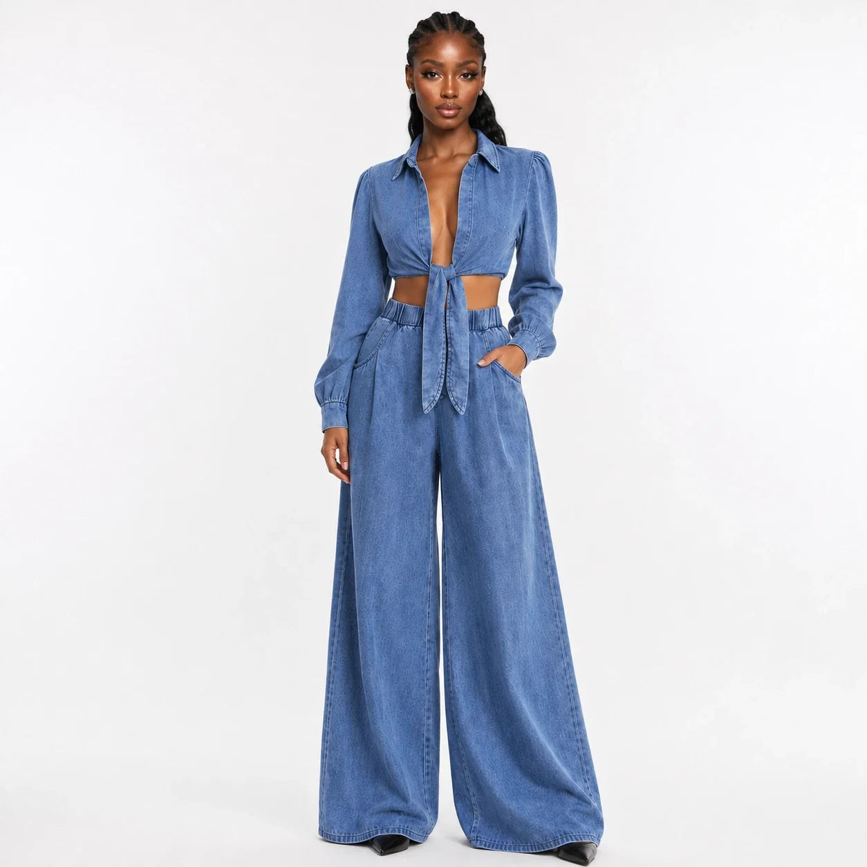 Tie-Front Denim Wide Leg Set WHD0607074
