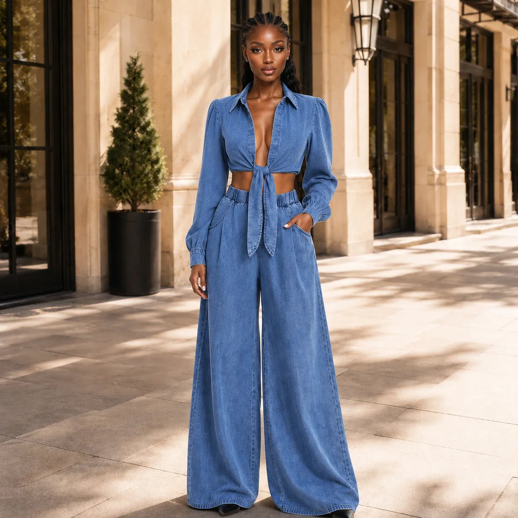 Tie-Front Denim Wide Leg Set WHD0607074