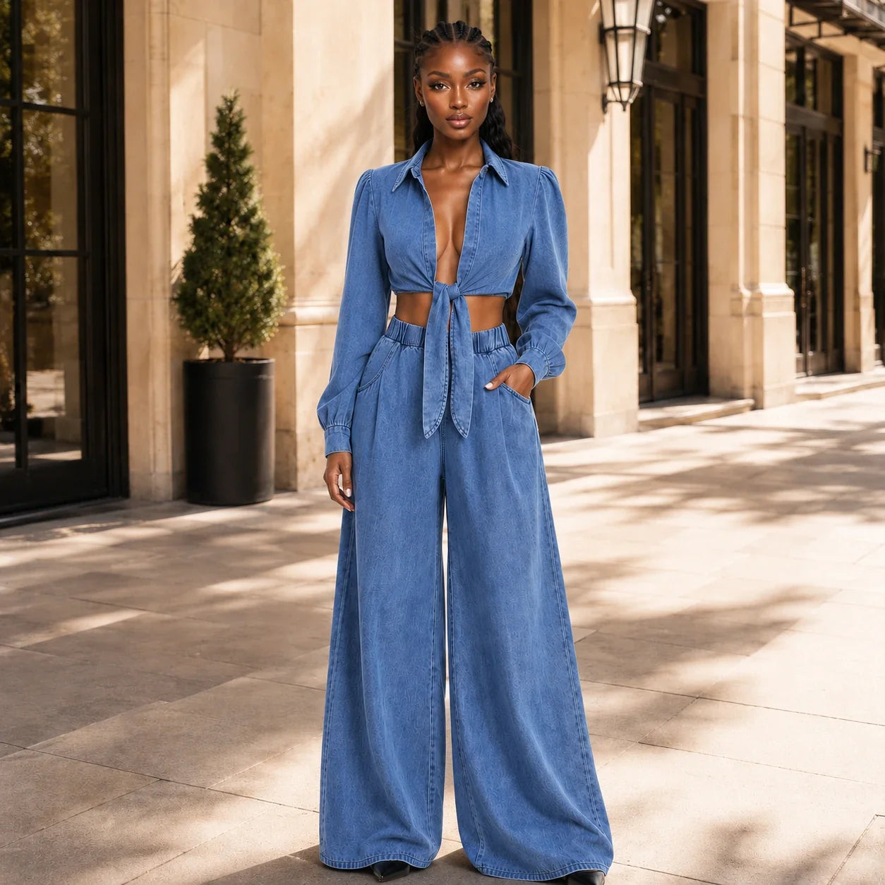 Tie-Front Denim Wide Leg Set WHD0607074