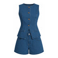 Button Front Denim Vest Shorts Set WHD0607075