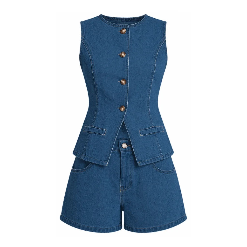 Button Front Denim Vest Shorts Set WHD0607075