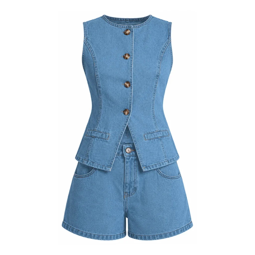 Button Front Denim Vest Shorts Set WHD0607075