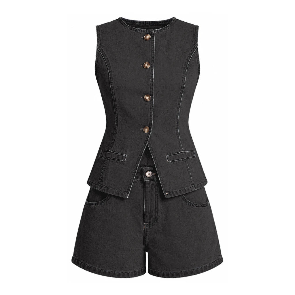 Button Front Denim Vest Shorts Set WHD0607075