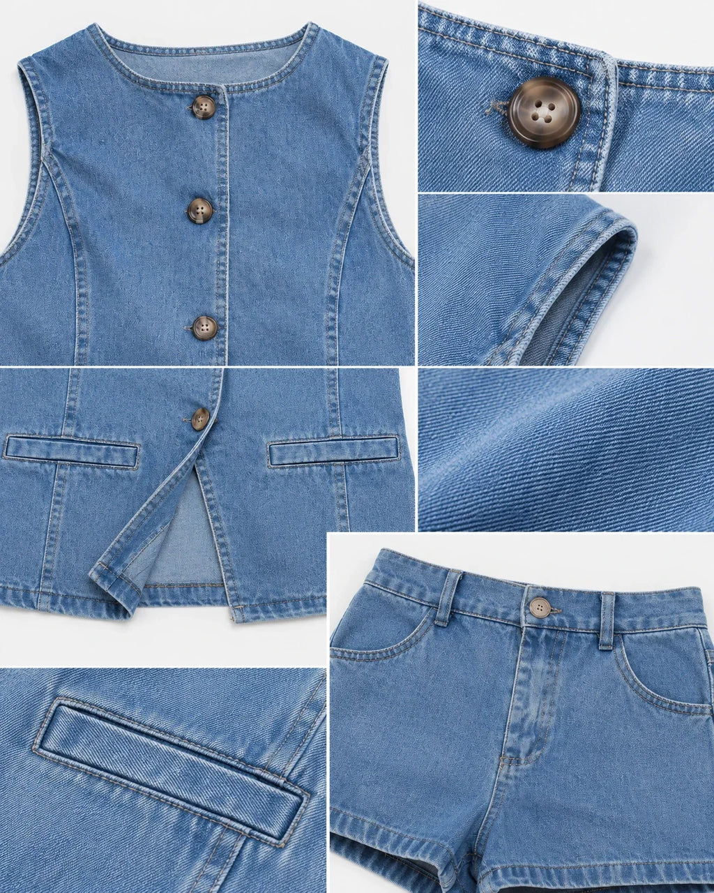 Button Front Denim Vest Shorts Set WHD0607075