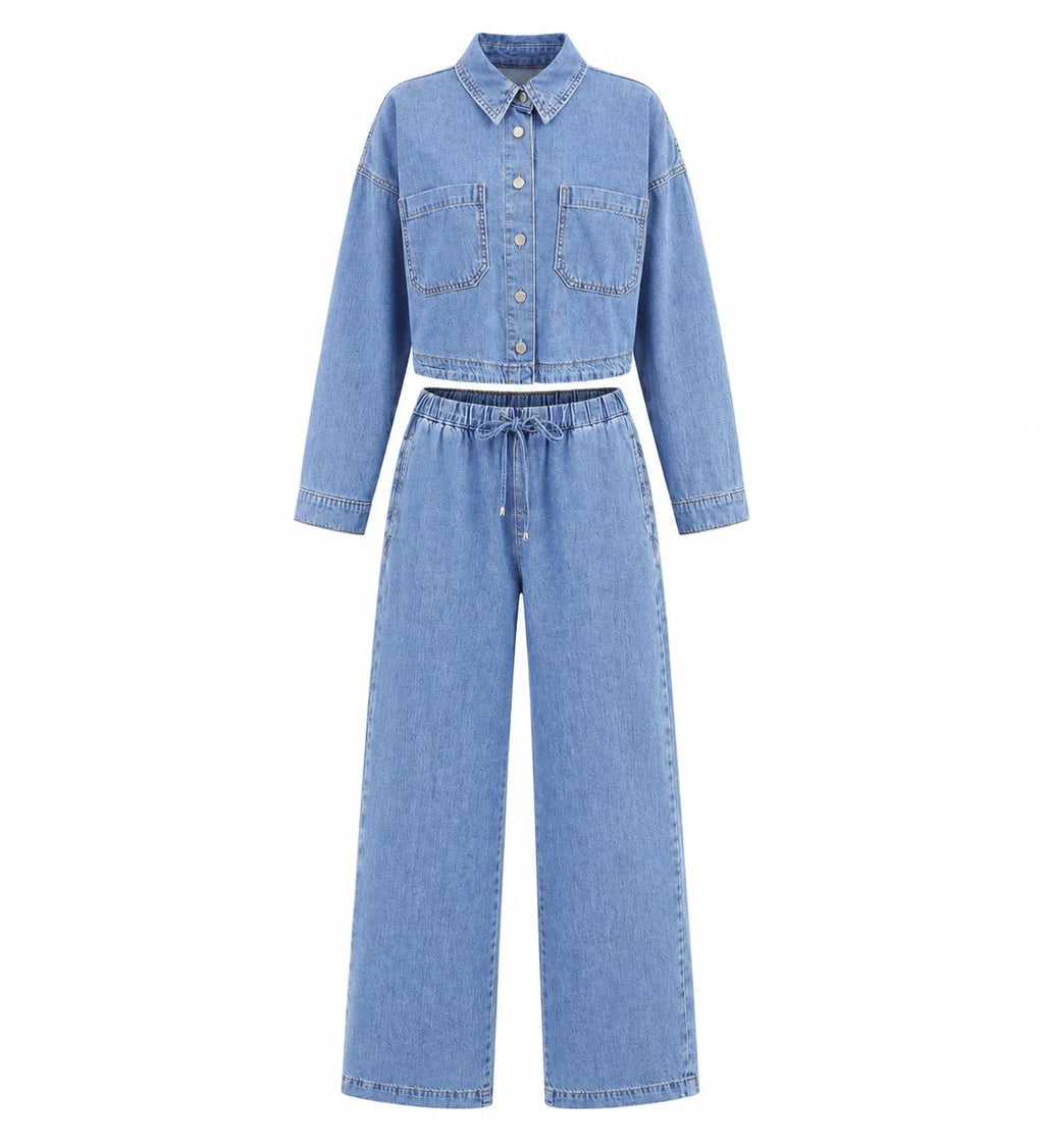 Cropped Denim Shirt Wide Leg Set WHD0607076