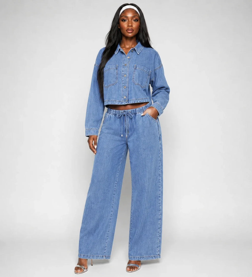 Cropped Denim Shirt Wide Leg Set WHD0607076