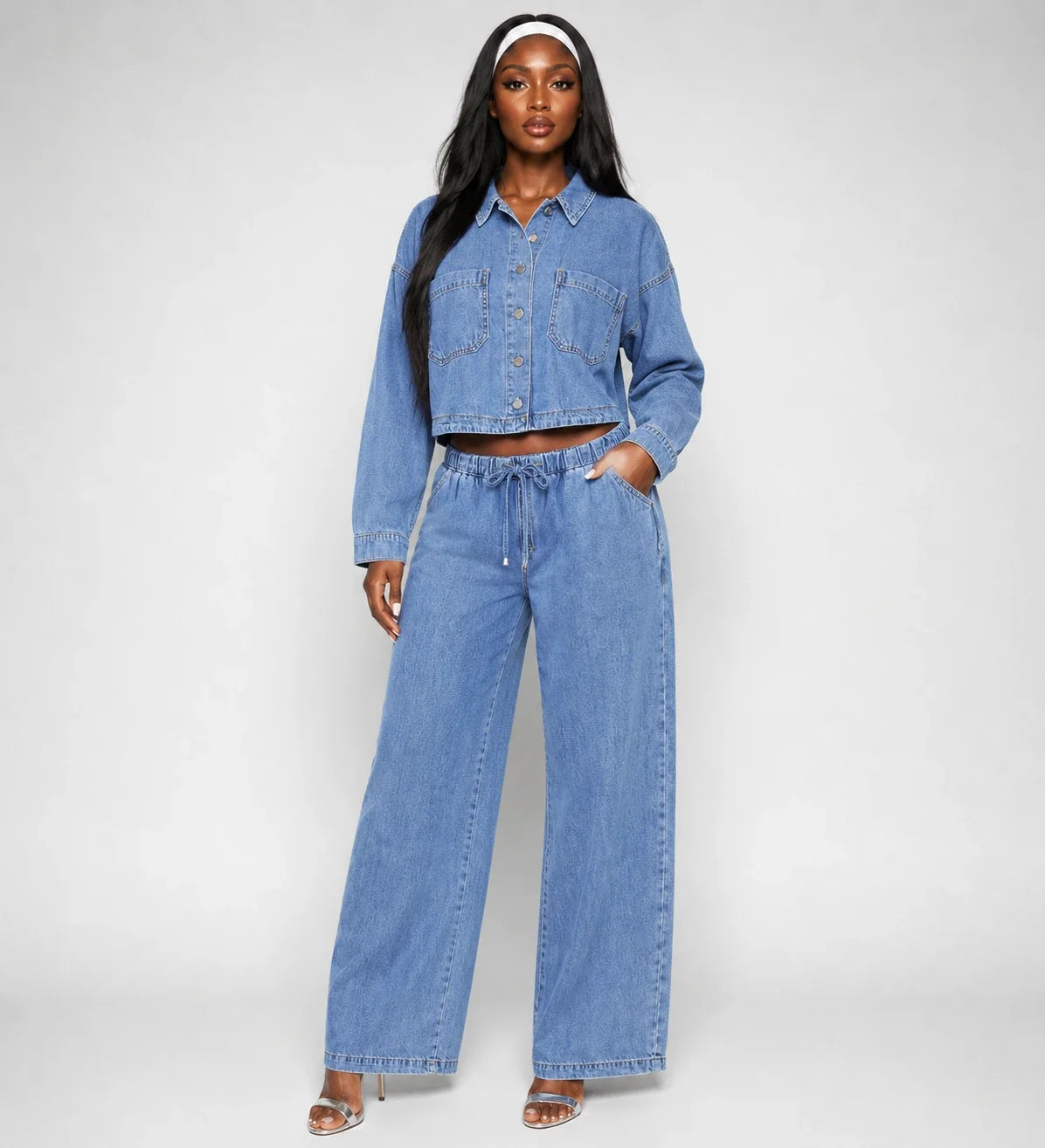 Cropped Denim Shirt Wide Leg Set WHD0607076